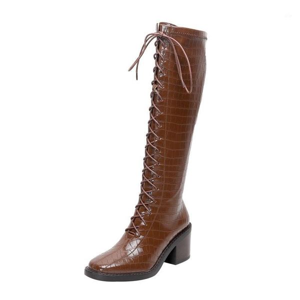 

boots brand autumn winter knee high for women black brown thick heel long zip square toe shoes female size 34-401