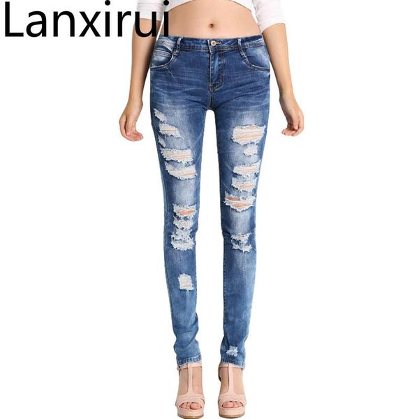 

women's jeans low waist distressed ladies cotton denim pants stretch womens ripped skinny for female, Blue