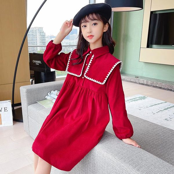 

girl's dresses elegant dress for girl winter fleece thicken children's princess red years 2022 long sleeve teenagers kids clothes, Red;yellow