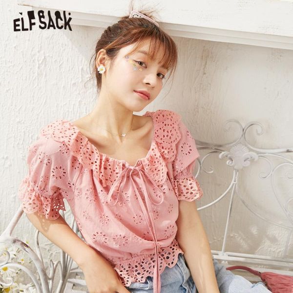 

women's blouses & shirts elfsack pink solid hollow out casual off-shoulder women 2021 summer white vintage korean girly black ruffle cr