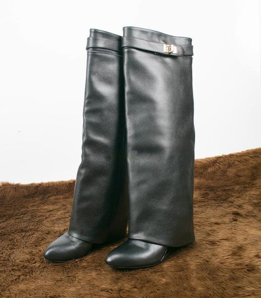 

boots fall winter selling black green shark lock long folded suede leather wedge heel knee height increasing p5zu