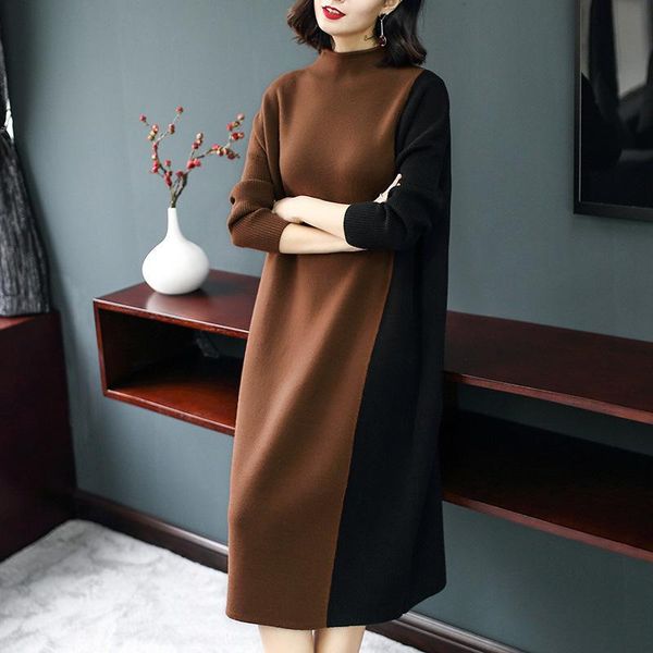 

casual dresses vintage elegant women knitted long dress mid calf office work turleneck colors mixed loose fit pullover vestidos, Black;gray