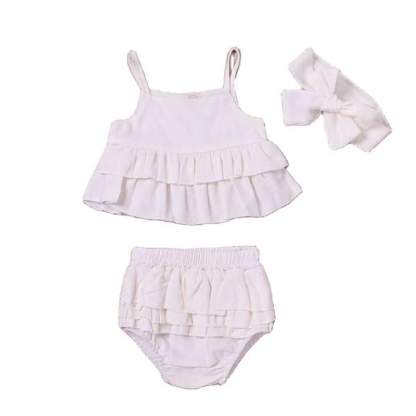 

clothing sets 2021 summer toddler kids baby girls ruffle clothes sleeveless strap linen vest tutu shorts hairband 3pcs set, White