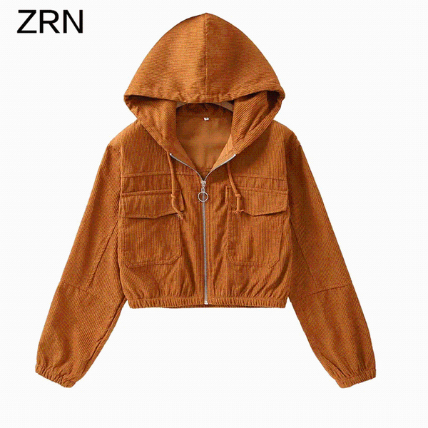 

zrn women 2021 fashion casual corduroy hooded jacket women autumn winter pocket zipper chic solid coat female short jackets, Black;brown