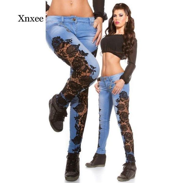 

women's low waist lace washed denim jeans hollow out crochet jeans pencil pants for women clothing, Blue
