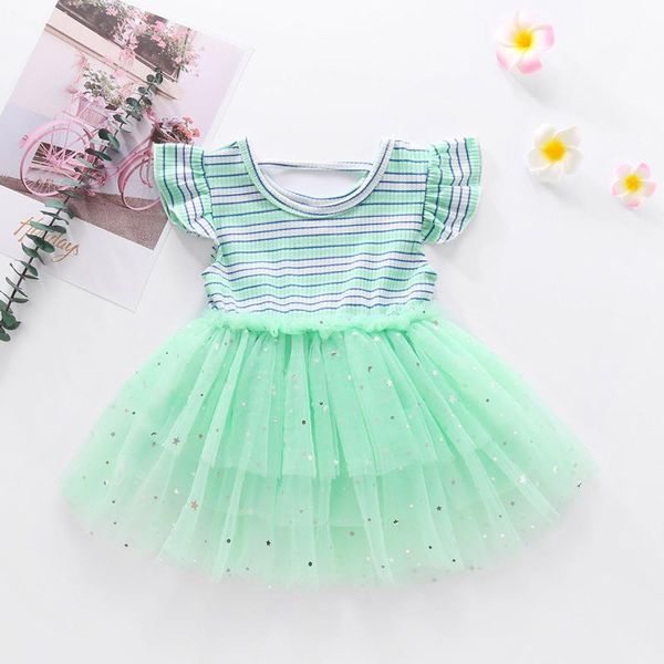 

toddler baby girls dress lace ruffles rainbow striped print dress flying sleeve cute patchwork star tulle princess, Red;yellow