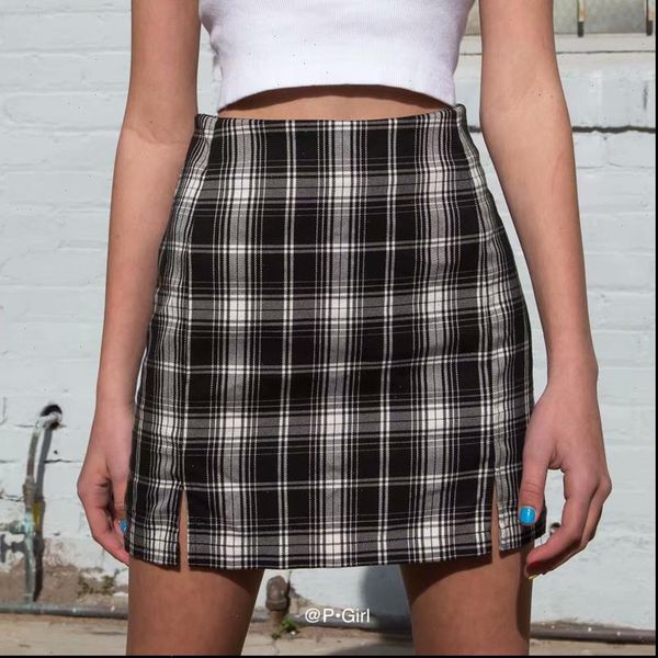 

classic women grey white plaid preppy style casual mini skirt front double split women plaid a line mini skirt, Black
