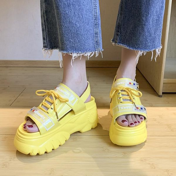 

sandals platform wedge women shoes summer thick sole candy colors breathable lace up open toe 2021, Black