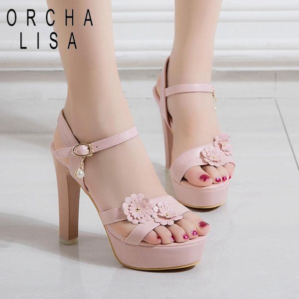 

sandals orcha lisa women 2021 open toe 9cm block heels buckle pearl flower stylish simple big size 43 casual date a3655, Black