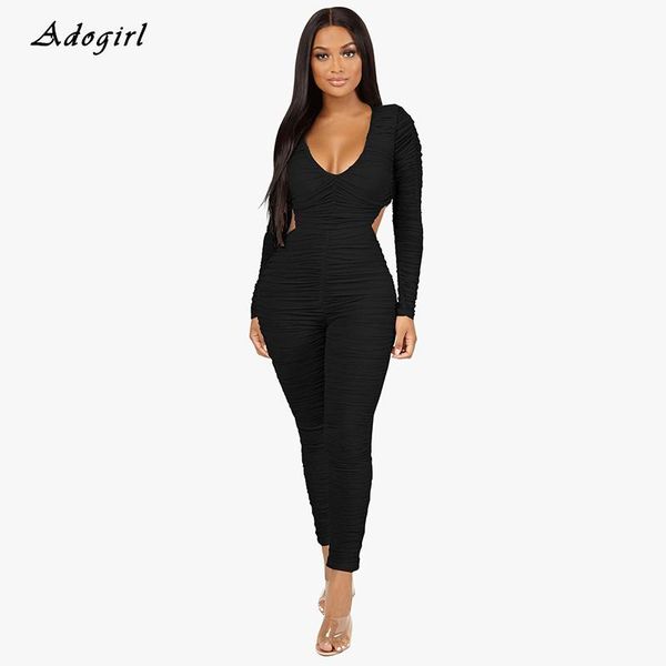 

women's jumpsuits & rompers pleated backless jumpsuit women elegant v neck long sleeve pencil pants casual club party bodycon overalls, Black;white