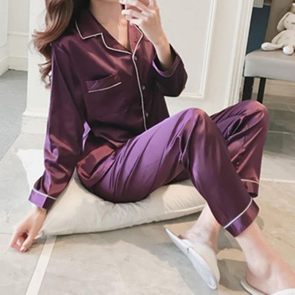 

womens silk satin pajamas pyjamas set autumn sleepwear pijama suit female sleep long sleeve +pants 2 piece sets pyjama femme, Black;red