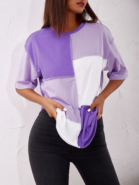 

drop shoulder stitch trim colorblock longline tee h3ht#, White