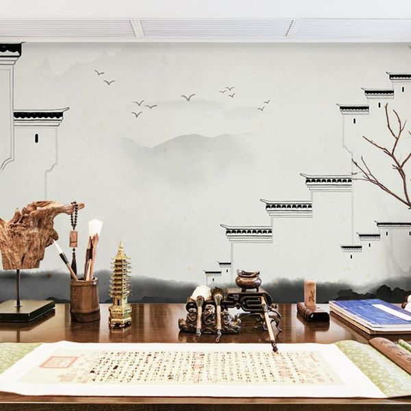 

wallpapers hand painted simple modern chinese ink and white ancient town wallpaper bedroom living room background custom 3d mural