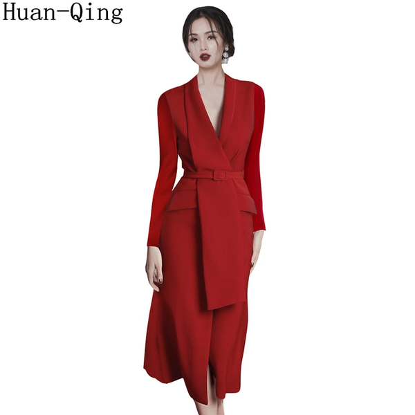 

casual dresses runway women red autumn vintage long sleeve belt slim blazer dress ladies v-neck elegant office party, Black;gray
