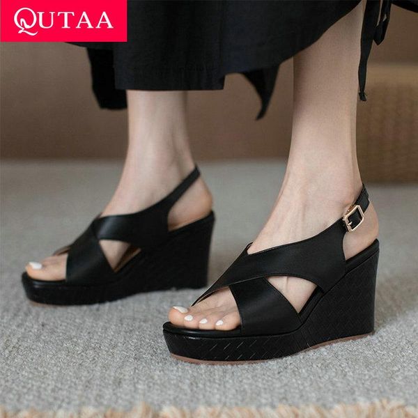 

dress shoes qutaa 2021 wedge high heel buckle sandals summer fashion ladies pumps platform genuine leather women big size 34-39, Black