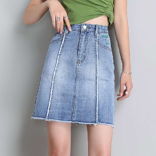 

hip hop waist denim women's splicing short new letter summer high 2021 elastic a-line skirt k, Blue