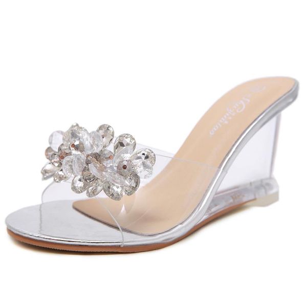

dress shoes summer crystal transparent wedge heel women glass rhinestone open toe sandals temperament office party high heels, Black