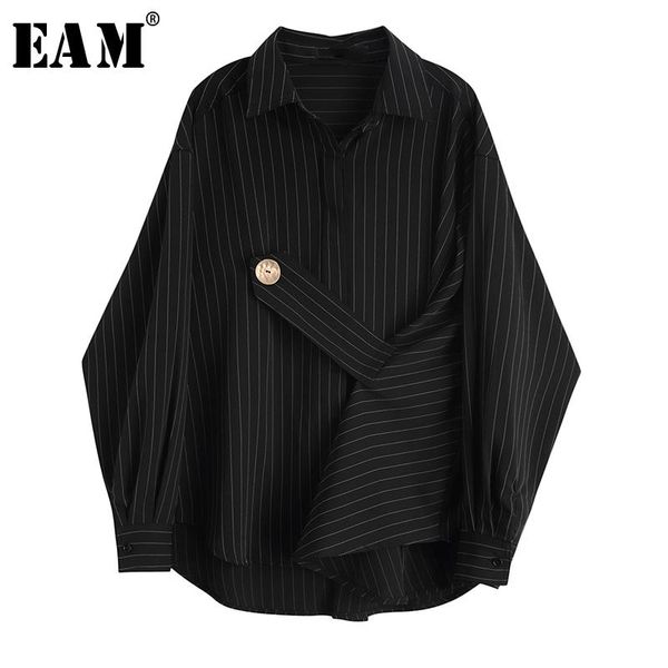 

[eam] women black striped big size blouse new lapel long sleeve bandage loose fit shirt fashion tide spring autumn 2021 jy853, White