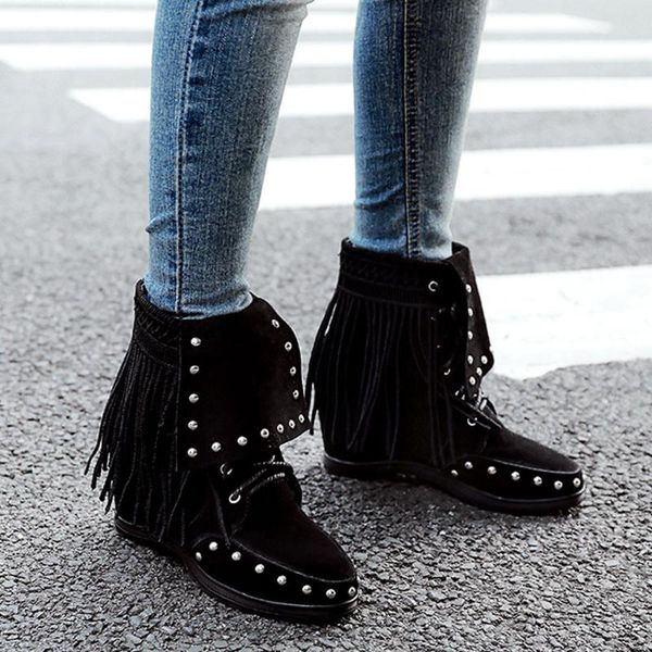 

boots winter women shoes fashion suede round toe wedges woman tassel pure color lace-up ankle for bottes femme, Black