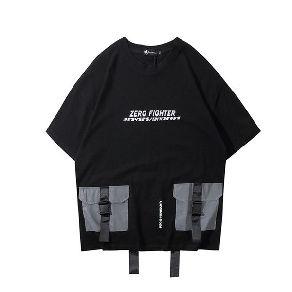 Techwear Fibbia riflettente Multi-tasche Nastro Magliette Uomo Hip Hop Tops Tees Streetwear Harajuku Manica corta Patch T-shirt 210716