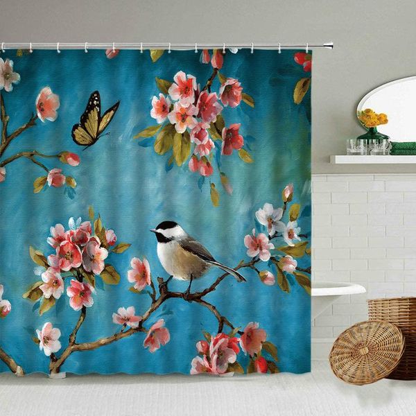 

shower curtains chinese style peach blossom butterfly bird branch plant curtain blue background oil painting bathroom waterproof screen