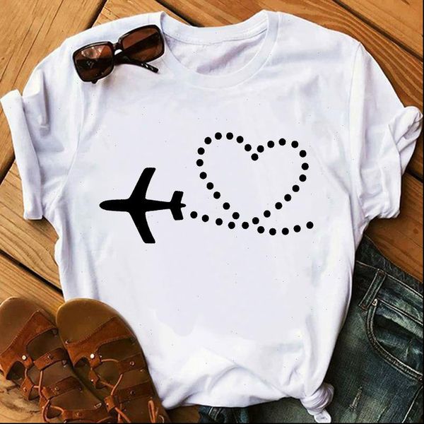 

women t shirts tshirt cute airplane aviator with heart print graphic tees goth shirt womens clothing aesthetic clothes, White