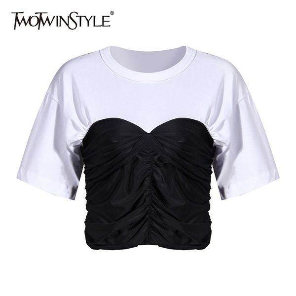 

twotwinstyle casual patchwork ruched t shirt for women o neck short sleeve hit color t-shirt female fashion clothing new 210306, White