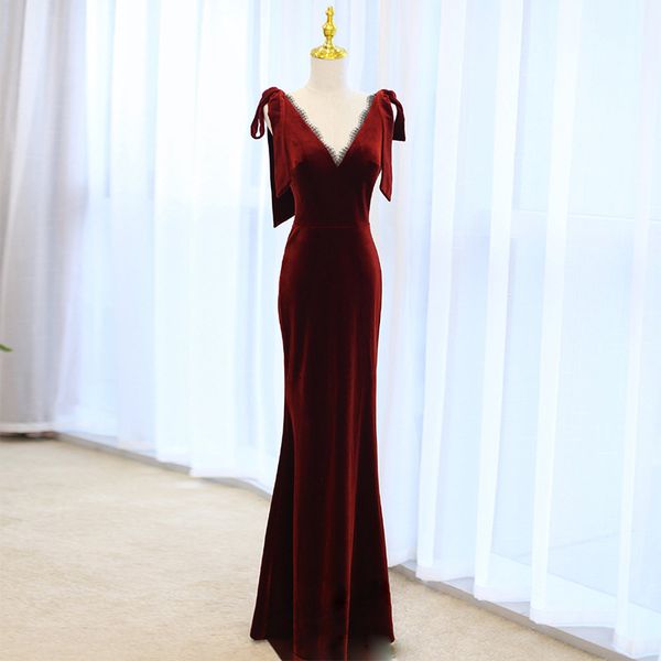 

burgundy lace deep v neck velvet evening dress pretty bowknot backless slim mermaid party gown host performance dress, Black;red