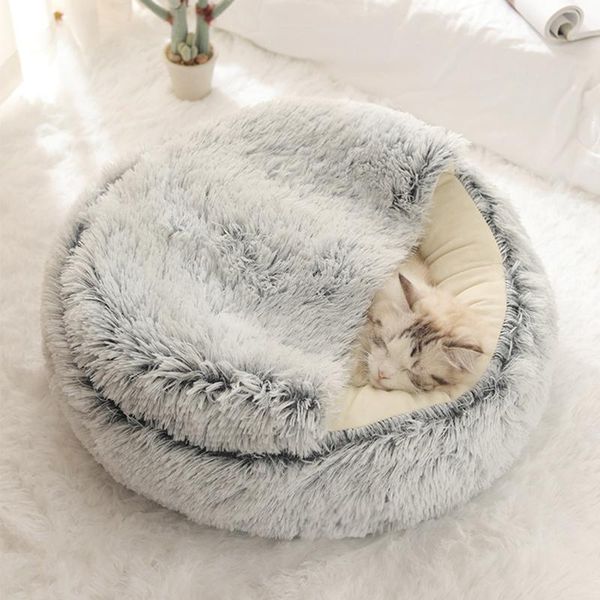 

cat beds & furniture pet dog bed round plush warm house soft long for small dogs cats nest 2 in 1 winter home