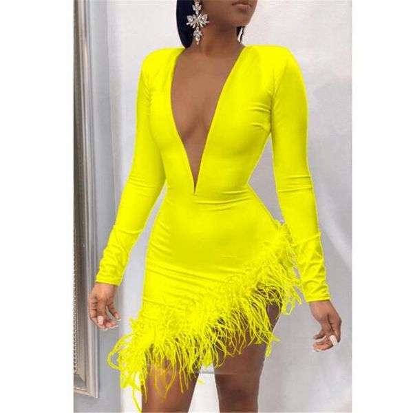 

casual dresses sheer mesh feather spliced sheath dress women deep v neck long sleeve bandage fall winter high waist party club, Black;gray