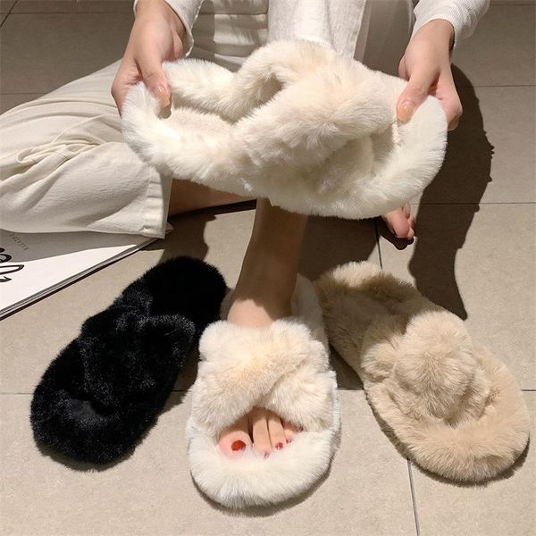 

slippers 2021 warm fluffy women soft faux fur indoor floor slides flat casual full furry shoes luxury female plush, Black