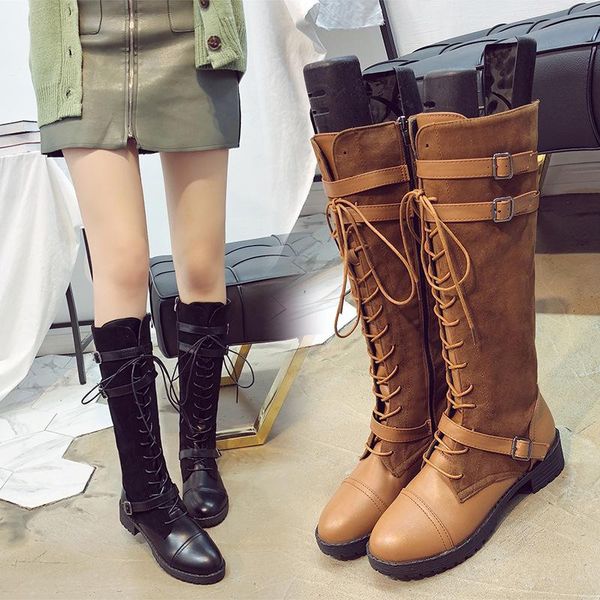 

boots med lace-up waterproof women over-the-knee square heel fashion sewing long thigh round toe solid pu winter shoes, Black