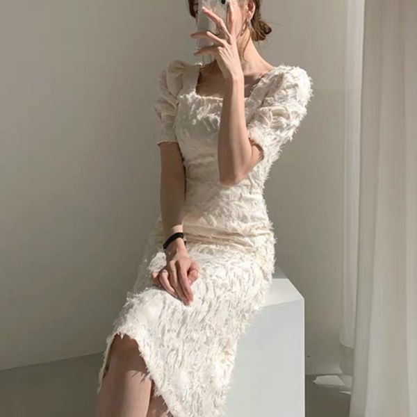 

2021 new french feathers solid vintage women sheath summer korean sleeve square collar elegant ladies long party vestido l5rm, Black;gray