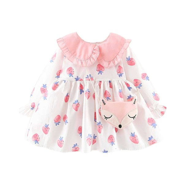 2pc Toddler Girls Ruffles Doll Collar Abiti fragola + Fox Satchel Abiti Abbigliamento casual Baby Kids Stampa Princess Dress Robe Q0716