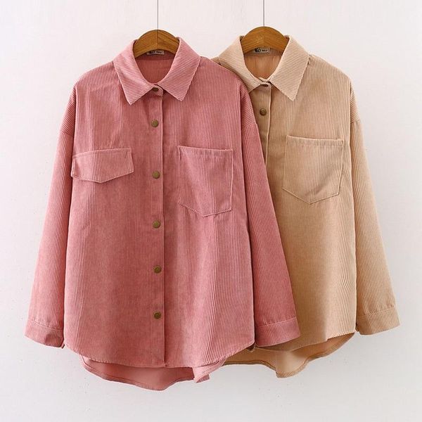 

2021 new women solid corduroy batwing sleeve vintage blouse turn-down collar loose button up pink shirt feminina blusa, White