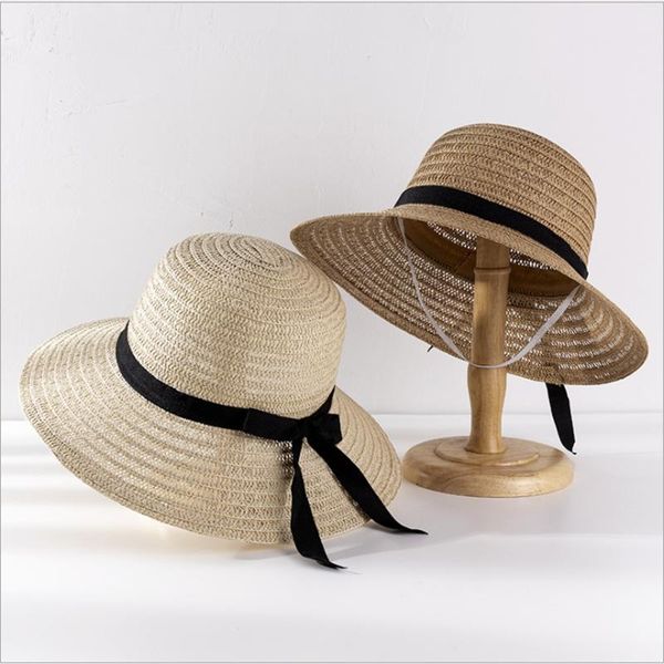 

wide brim hats bow collapsible women summer sun protection straw hat beach shading breathable fisherman's visor cap, Blue;gray