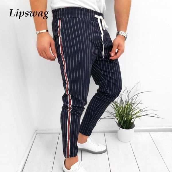 

men's pants vintage striped print drawstring mens pencil spring elastic skinny trousers summer casual men clothing fashion streetwear, Black