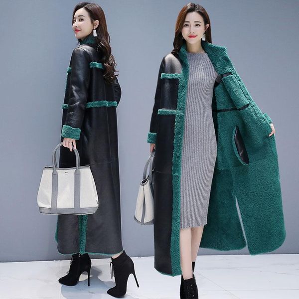 

women's leather & faux sheep shearling fur coats 2021 x- long warm coat female plus size winter jacket women real wool overcoat, Black