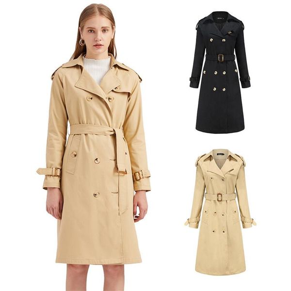 

women's trench coats long plus size lapel double breasted slim belted solid coat ladies outwear 2021 autumn woman, Tan;black