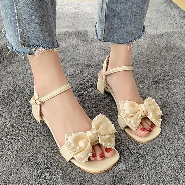 

sandals rimocy sweet bow pearl for women 2021 ankle strap thick heel shoes woman summer outdoor square toe heels zapatos mujer, Black
