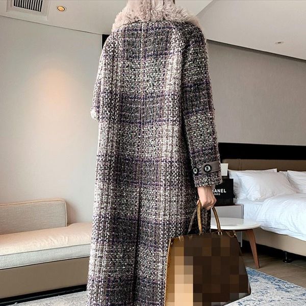 

women's wool & blends quality high women tweed plaid woolen coat fur collar lapel double-breasted female thick jackets luxury design wi, Black