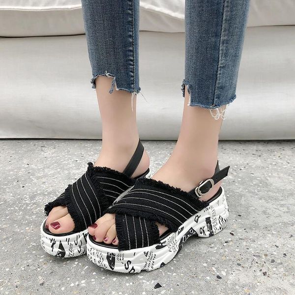 

sandals drop 2021 summer women denim female casual graffiti eva wedges high heels platform gladiator shoes sdt034, Black