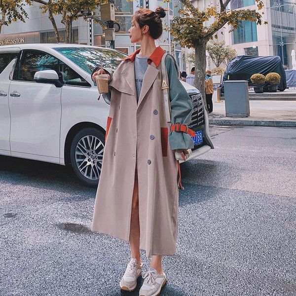 

women's trench coats women 2021 autumn winter fashion hit color long coat with belt chic female casual windbreaker classic outerwear s1, Tan;black
