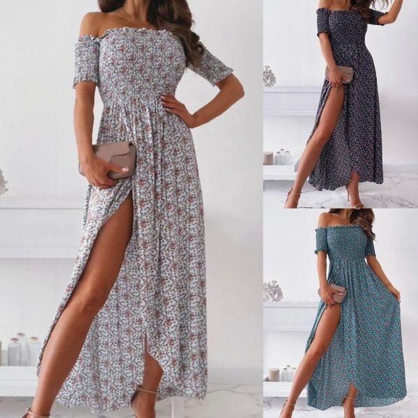 

casual dresses summer off shoulder women dress floral print slim high split short sleeve maxi streetwear street women's hipster, Black;gray