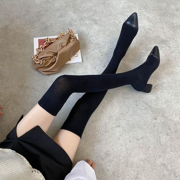 

boots rimocy 2021 autumn women thigh high stretch fabric heels sock shoes woman pointed toe long botas mujer, Black