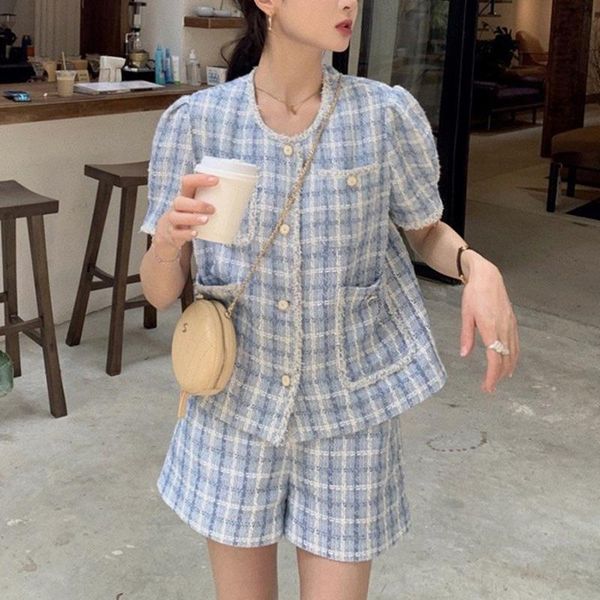 

women's tracksuits 2021 tweed pant suits spring fall woolen women 2 piece set plaid jacket coat + waist shorts two, Gray
