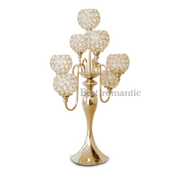 Party-Dekoration, 7-armiges Kristall-Metall-Gold-Mittelstück, 94 cm hoher Kandelaber, versilberter Kerzenhalter, Weihnachtskerzen für Zuhause, Hochzeit, Dekoration