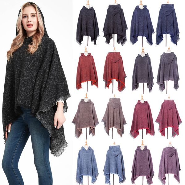 Mulheres poncho tassel xale aparado preto pullover casa outdoor capuz capuz enorme enorme casaco quente casaco quente roupa mulher suéter outono inverno xales cgy75