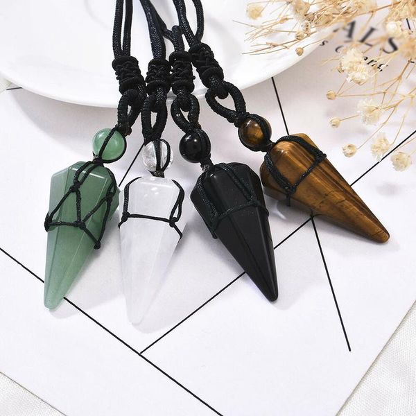 

pendant necklaces natural stone rope braided wrap necklace irregular waterdrop shaped crystal quartz healing choker adjustable, Silver
