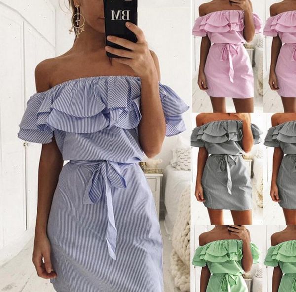 

off shoulder strapless striped ruffles dress women 2021 summer sundresses beach casual shirt short mini party dresses robe femme, Black;gray